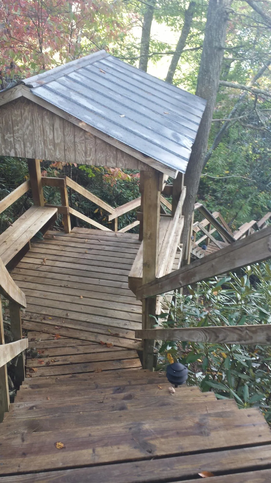 Metal roofed shelter over wooden steps on a wooded walkway — Skylight Repair & Installation work by our crew in Locke